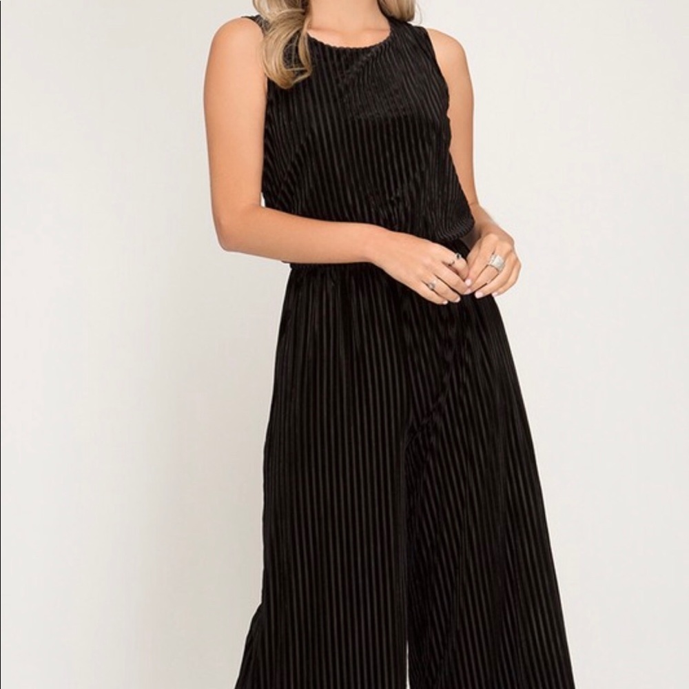 Black Pinstriped Velvet Jumpsuit